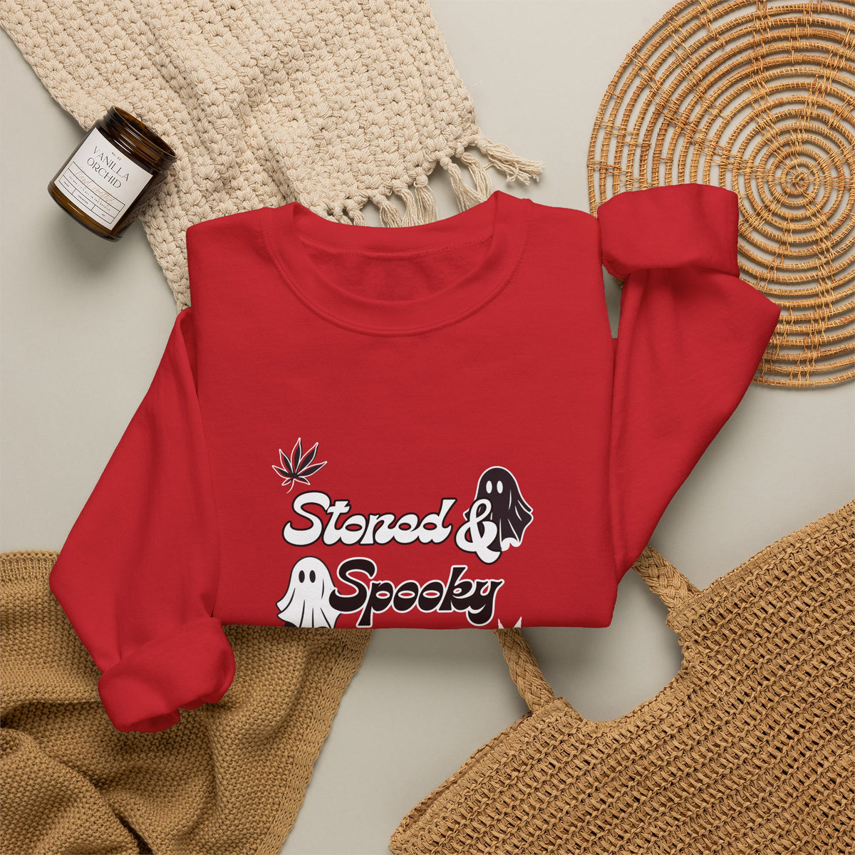 "Stoned & Spooky" Halloween Sweatshirt | Retro Ghost Graphic Crewneck | Cozy Fall Streetwear Pullover | Funny Spooky Season Sweater | Highly Motivated Designs