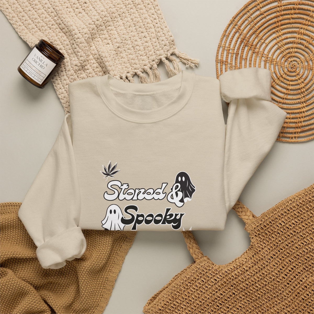 "Stoned & Spooky" Halloween Sweatshirt | Retro Ghost Graphic Crewneck | Cozy Fall Streetwear Pullover | Funny Spooky Season Sweater | Highly Motivated Designs