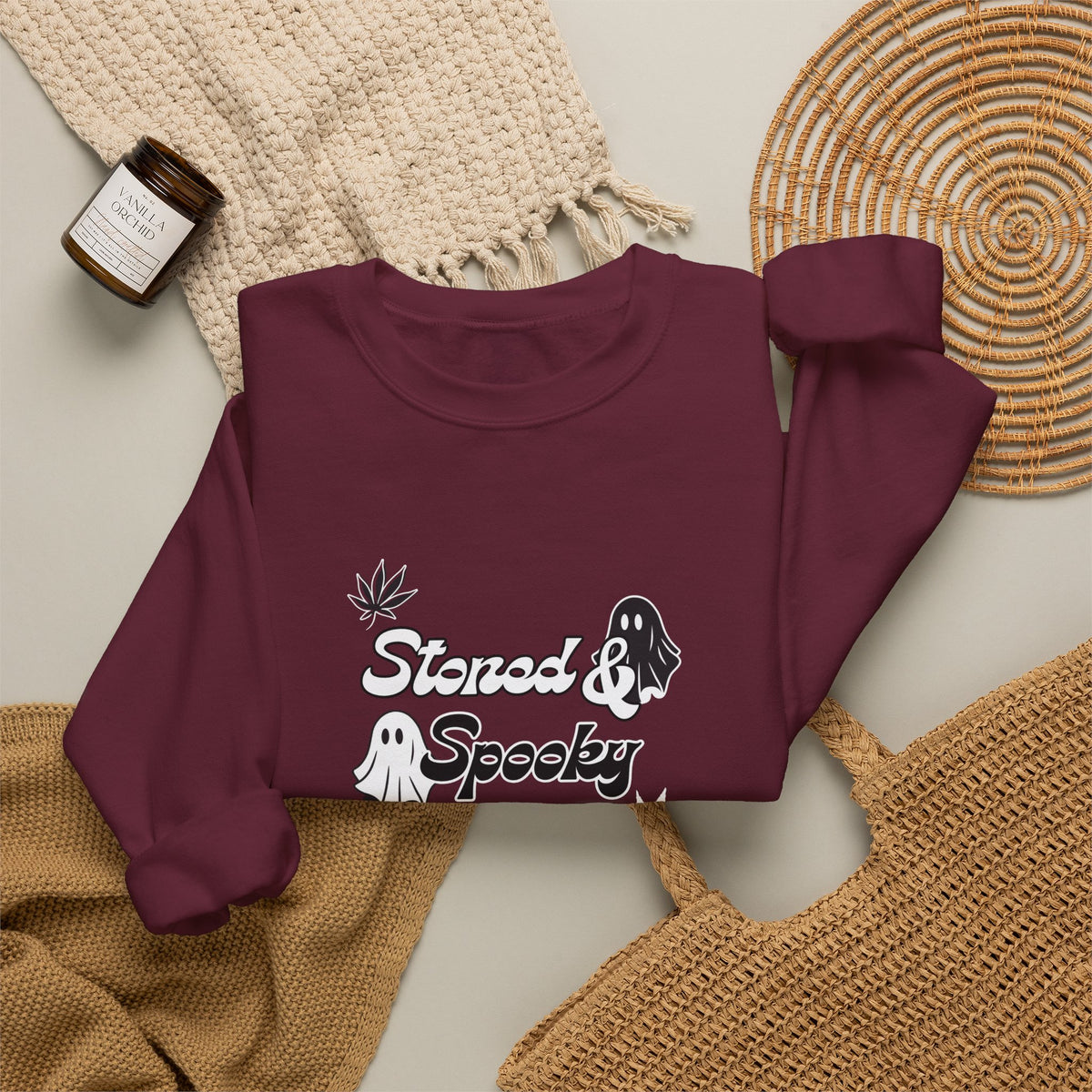 "Stoned & Spooky" Halloween Sweatshirt | Retro Ghost Graphic Crewneck | Cozy Fall Streetwear Pullover | Funny Spooky Season Sweater | Highly Motivated Designs
