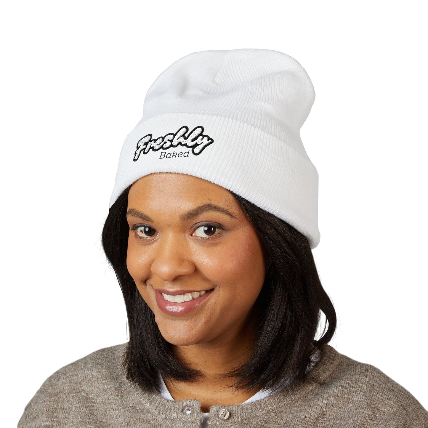 Freshly Baked Embroidered Beanie — Classic Cuffed White Beanie