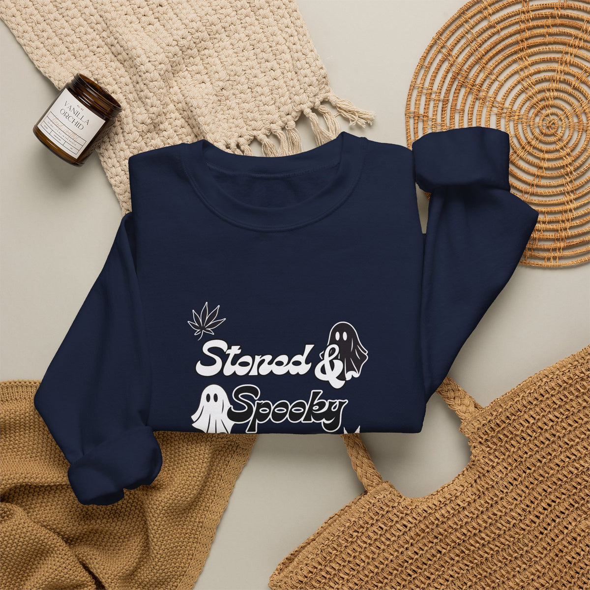 "Stoned & Spooky" Halloween Sweatshirt | Retro Ghost Graphic Crewneck | Cozy Fall Streetwear Pullover | Funny Spooky Season Sweater | Highly Motivated Designs
