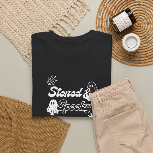 "Stoned & Spooky" Halloween T-Shirt | Retro Ghost Graphic Tee | Funny Spooky Season Shirt | Unisex Fall Streetwear | Highly Motivated Designs