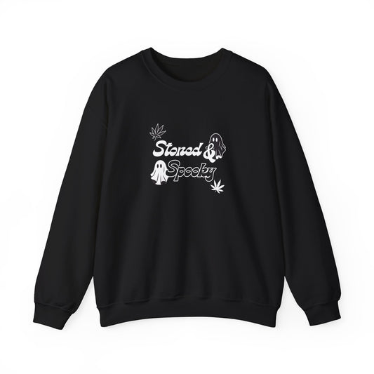 "Stoned & Spooky" Halloween Sweatshirt | Retro Ghost Graphic Crewneck | Cozy Fall Streetwear Pullover | Funny Spooky Season Sweater | Highly Motivated Designs