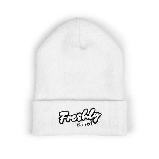 Freshly Baked Embroidered Beanie — Classic Cuffed White Beanie