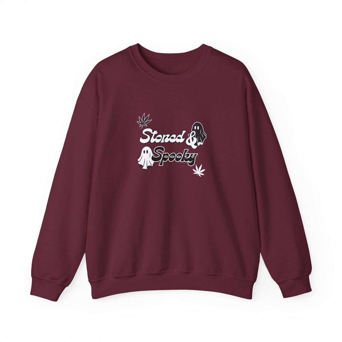 "Stoned & Spooky" Halloween Sweatshirt | Retro Ghost Graphic Crewneck | Cozy Fall Streetwear Pullover | Funny Spooky Season Sweater | Highly Motivated Designs