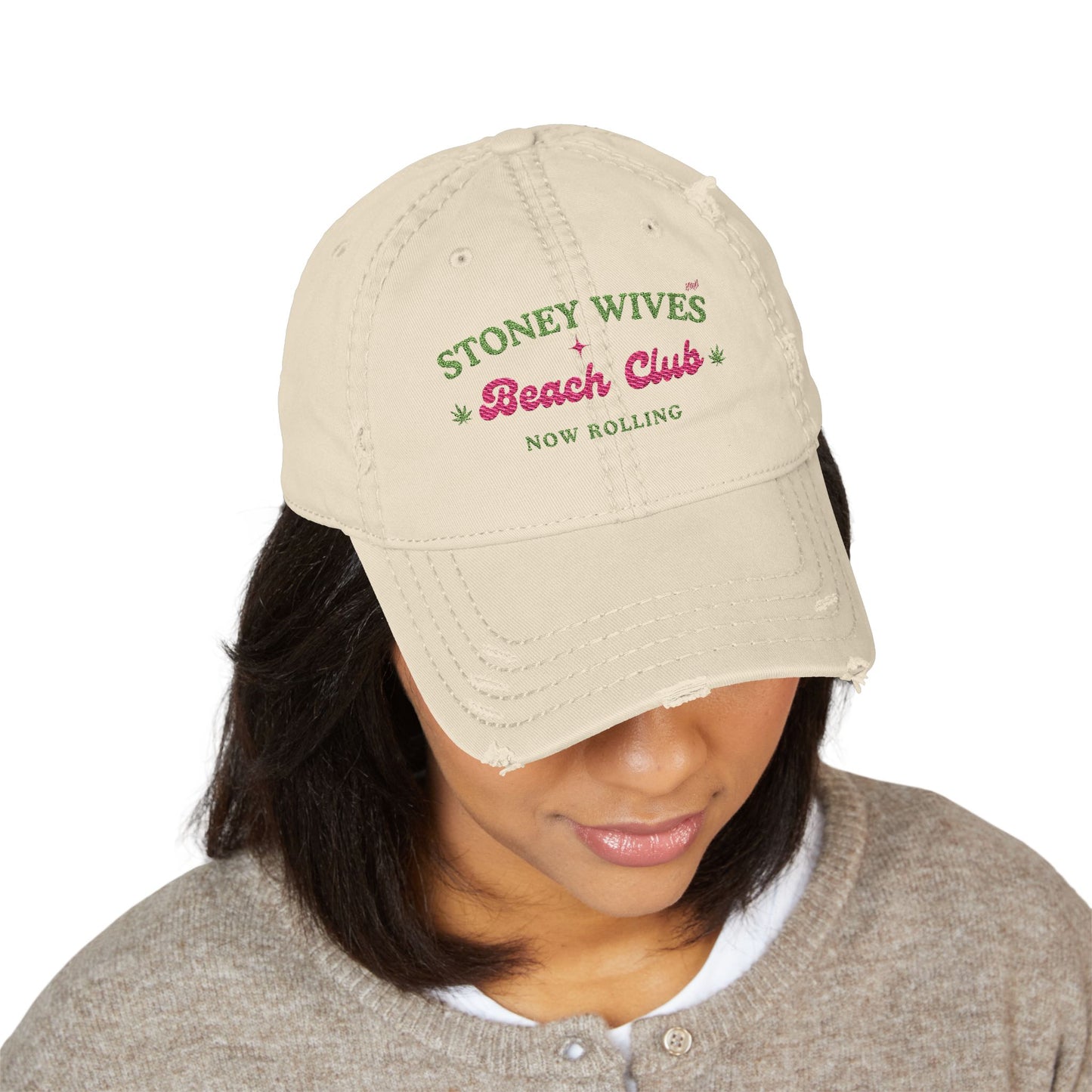 "SLOSW" Stoney Wives Beach Club Distressed Dad Hat | Embroidered Distressed Baseball Cap | The Secret Lives of Stoney Wives Podcast Merch