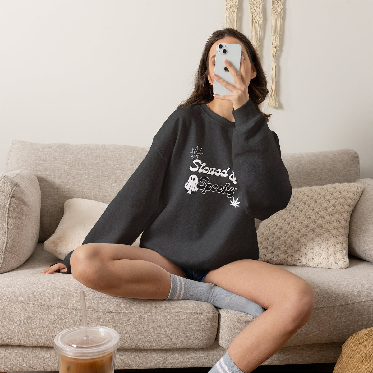 "Stoned & Spooky" Halloween Sweatshirt | Retro Ghost Graphic Crewneck | Cozy Fall Streetwear Pullover | Funny Spooky Season Sweater | Highly Motivated Designs