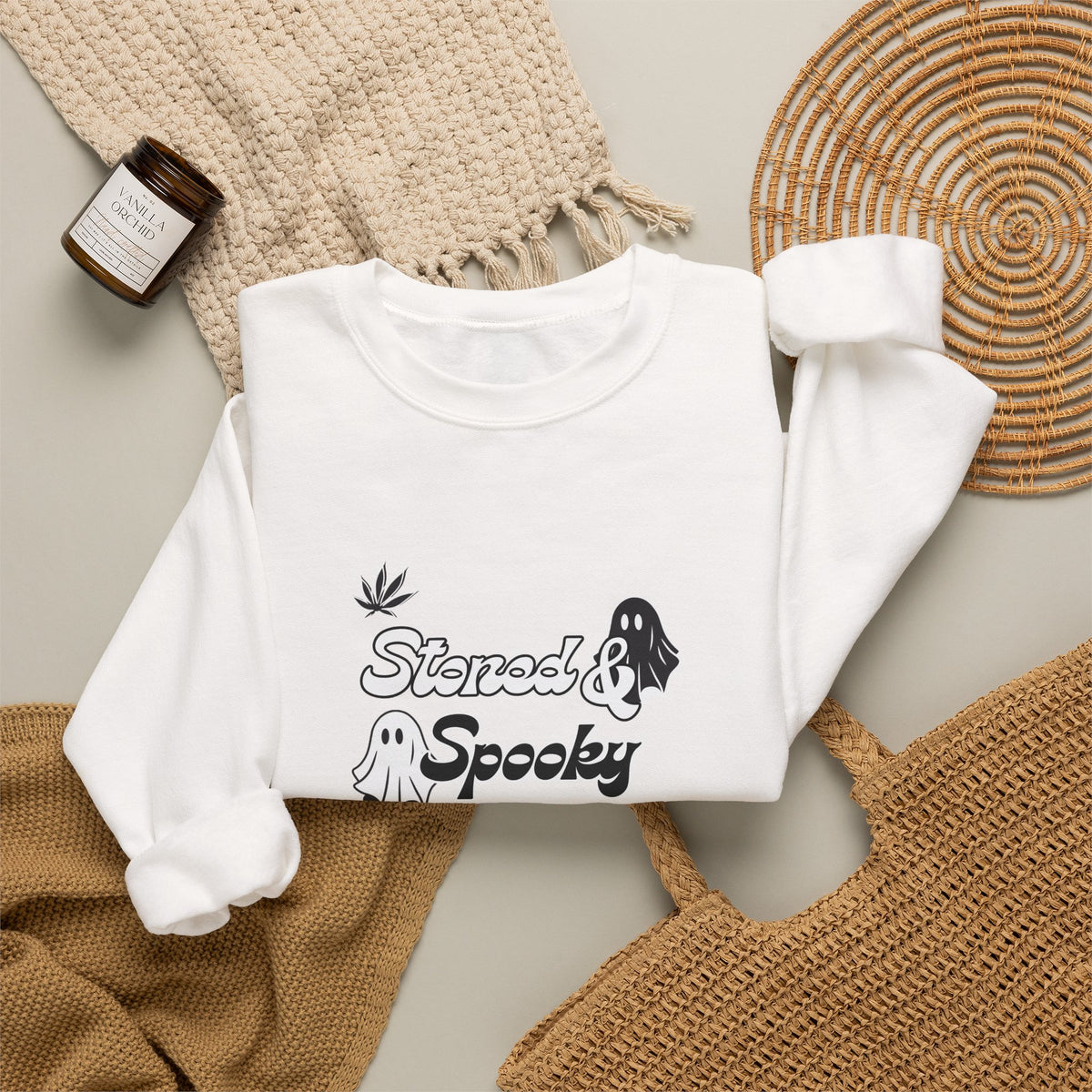 "Stoned & Spooky" Halloween Sweatshirt | Retro Ghost Graphic Crewneck | Cozy Fall Streetwear Pullover | Funny Spooky Season Sweater | Highly Motivated Designs