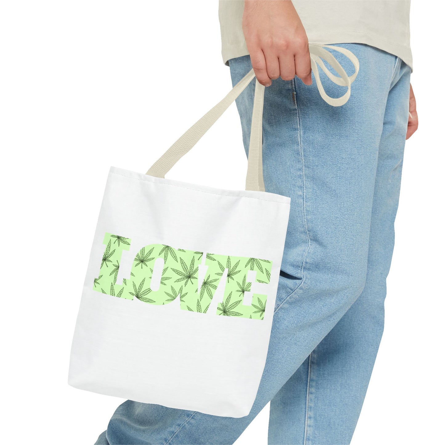 Green Love Tote Bag with Cannabis Leaf Design