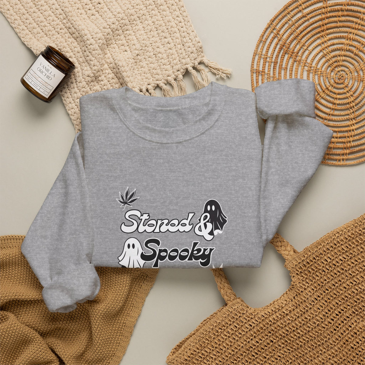 "Stoned & Spooky" Halloween Sweatshirt | Retro Ghost Graphic Crewneck | Cozy Fall Streetwear Pullover | Funny Spooky Season Sweater | Highly Motivated Designs