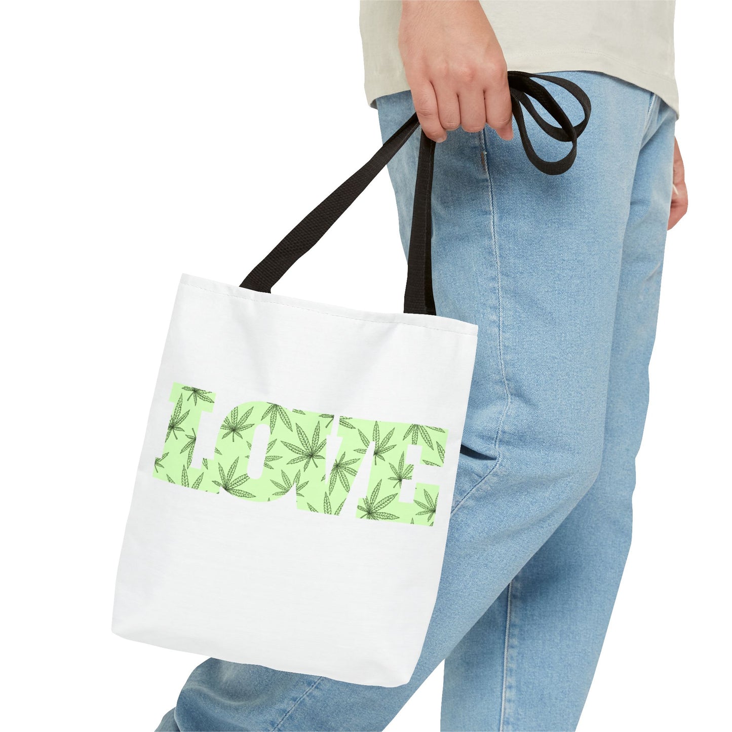 Green Love Tote Bag with Cannabis Leaf Design