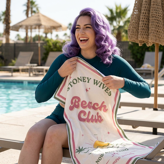 "SLOSW" Stoney Wives Beach Club Beach Towel | Secret Lives of Stoney Wives Podcast Merch | Retro Summer Pool Towel
