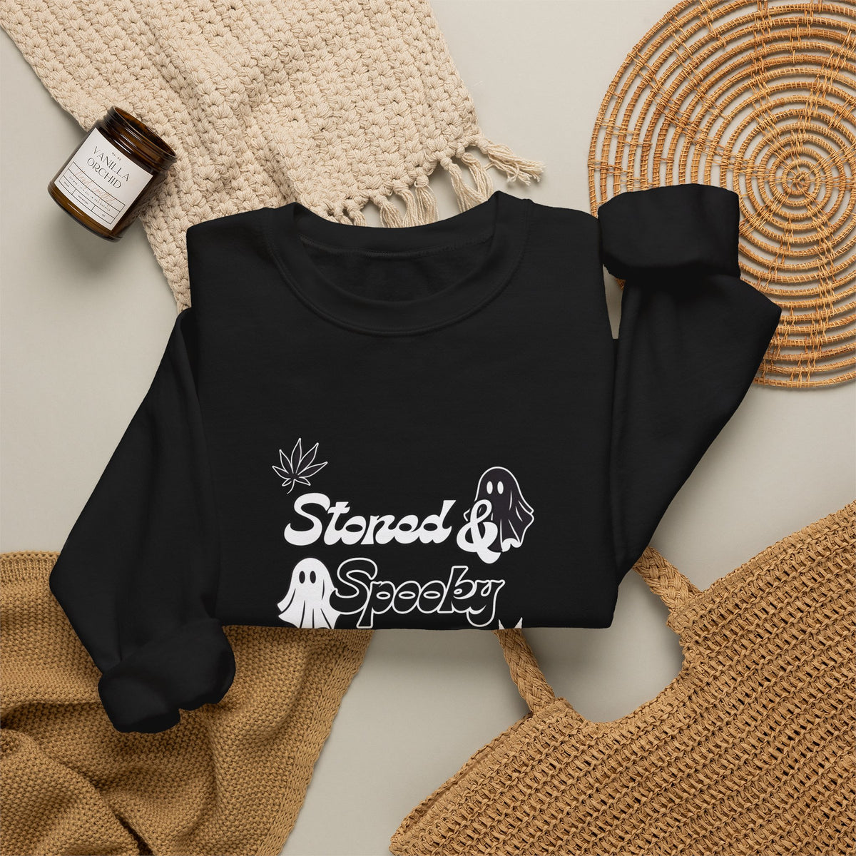 "Stoned & Spooky" Halloween Sweatshirt | Retro Ghost Graphic Crewneck | Cozy Fall Streetwear Pullover | Funny Spooky Season Sweater | Highly Motivated Designs