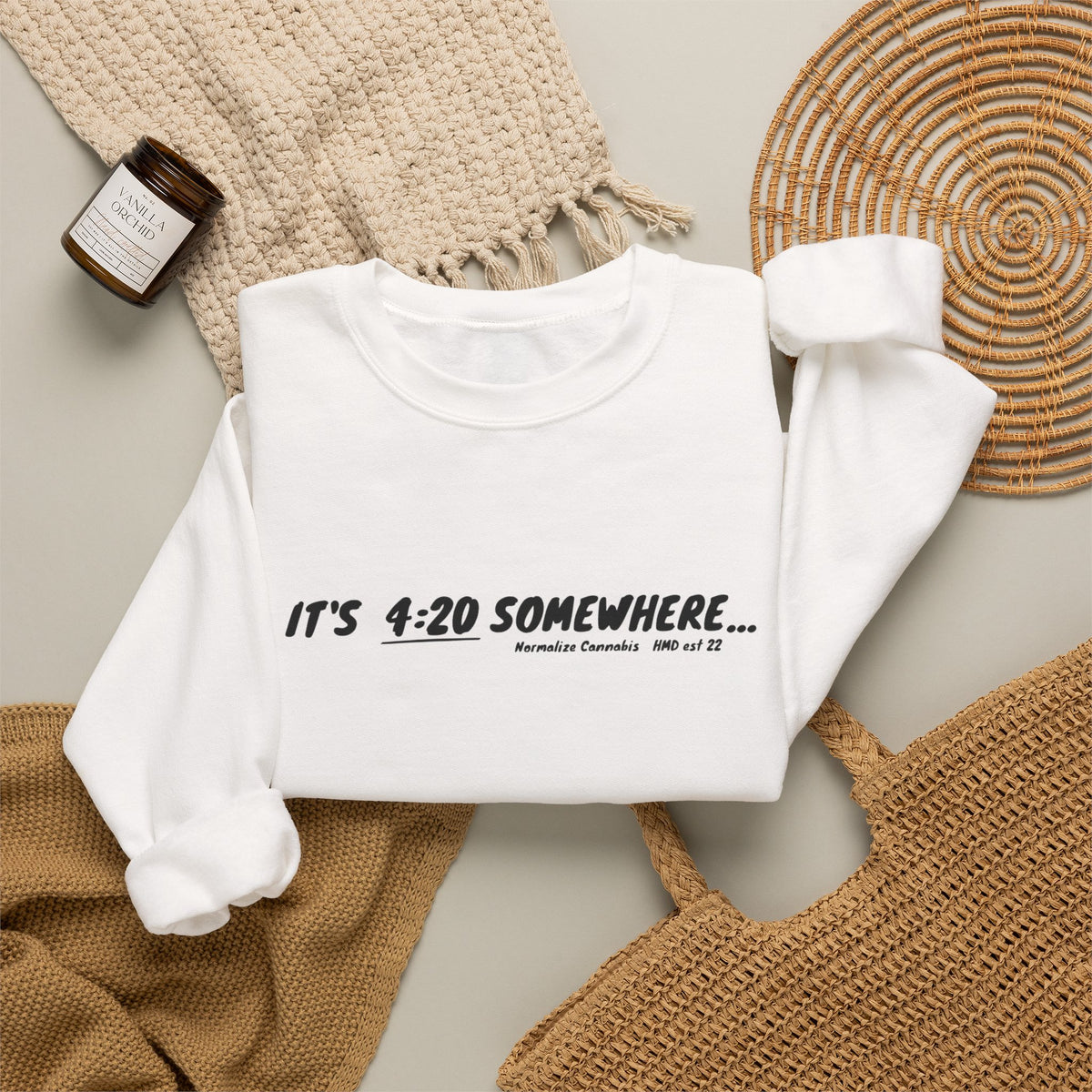 "It's 4:20 Somewhere" Crewneck Sweatshirt | Retro Minimalist Graphic Pullover | Cozy Unisex Streetwear | Planty Lifestyle Sweater | Highly Motivated Designs