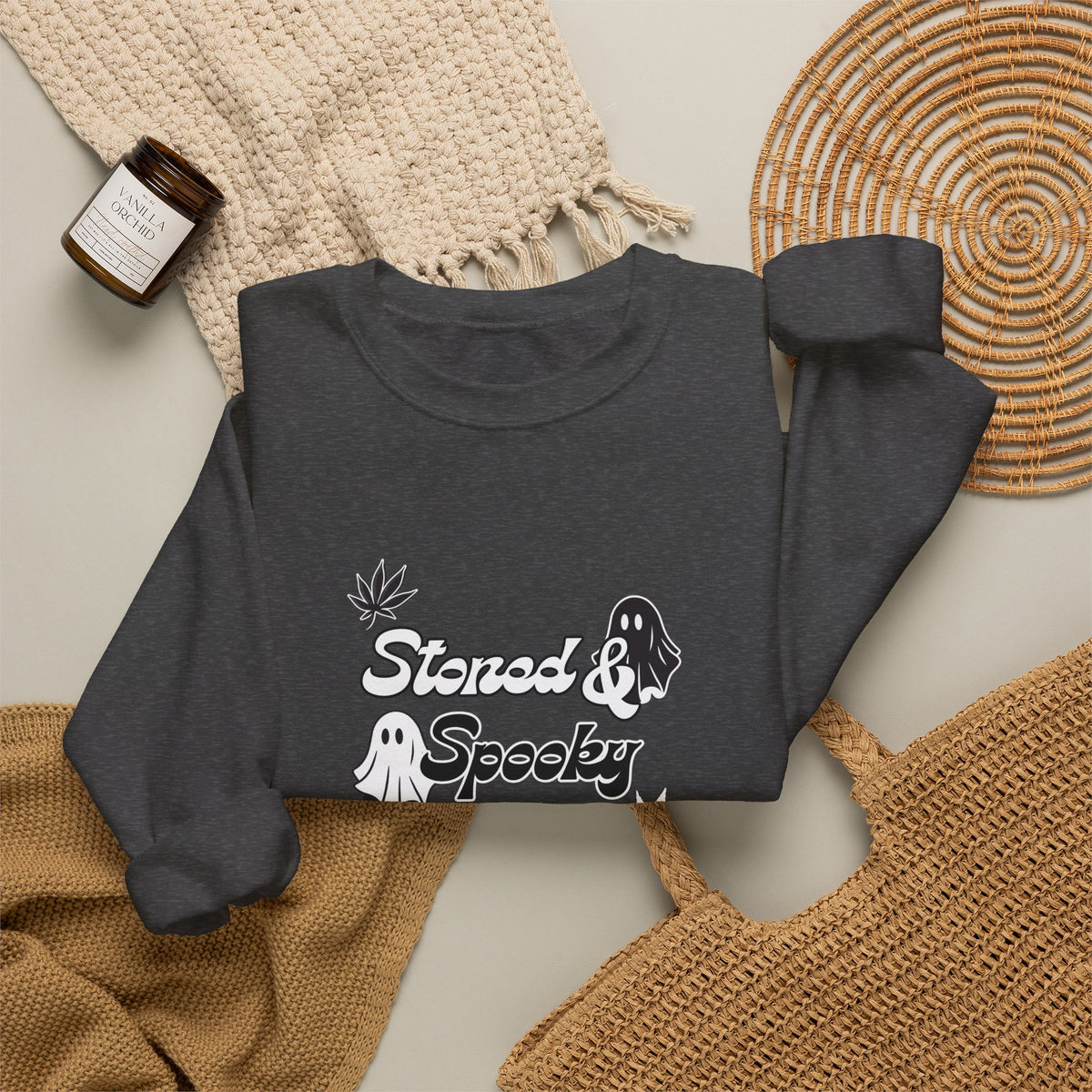 "Stoned & Spooky" Halloween Sweatshirt | Retro Ghost Graphic Crewneck | Cozy Fall Streetwear Pullover | Funny Spooky Season Sweater | Highly Motivated Designs