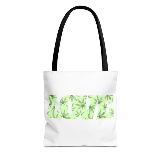 Green Love Tote Bag with Cannabis Leaf Design