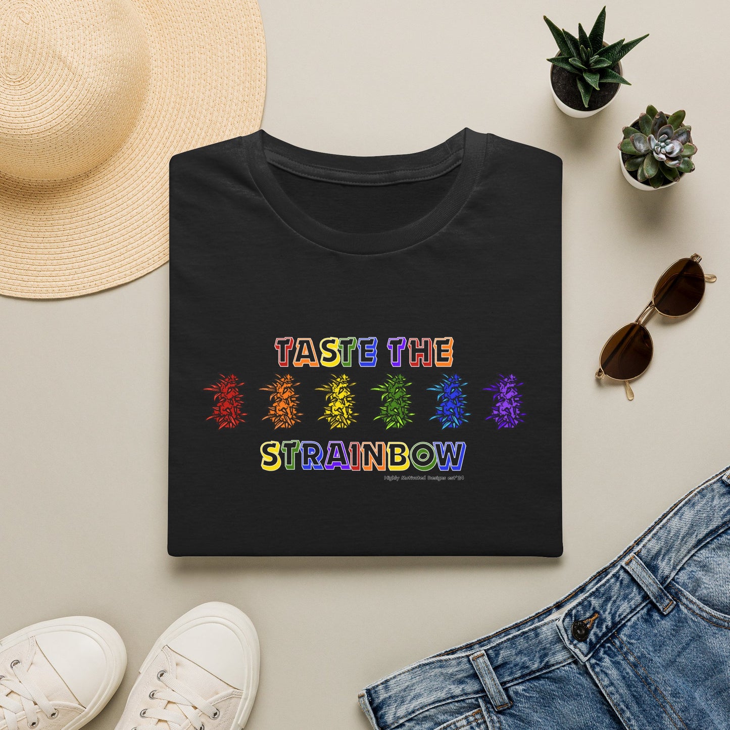 "PRIDE" Taste The Strainbow T-Shirt | Rainbow Graphic Tee | Colorful LGBTQIA+ Pride Shirt | Retro Festival Streetwear | Highly Motivated Designs