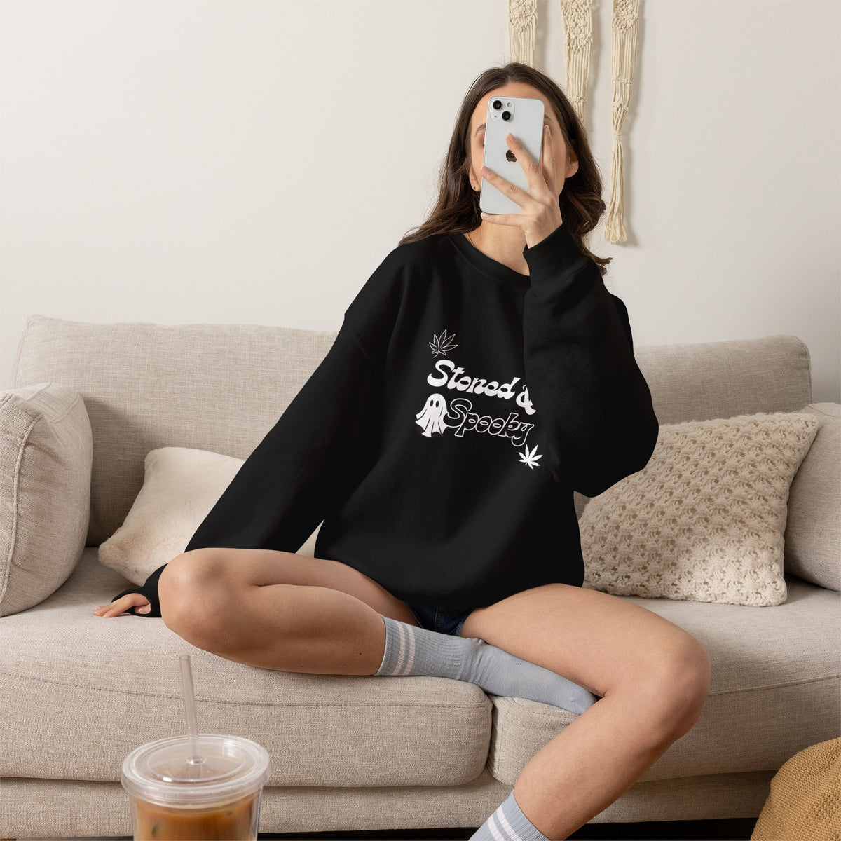 "Stoned & Spooky" Halloween Sweatshirt | Retro Ghost Graphic Crewneck | Cozy Fall Streetwear Pullover | Funny Spooky Season Sweater | Highly Motivated Designs