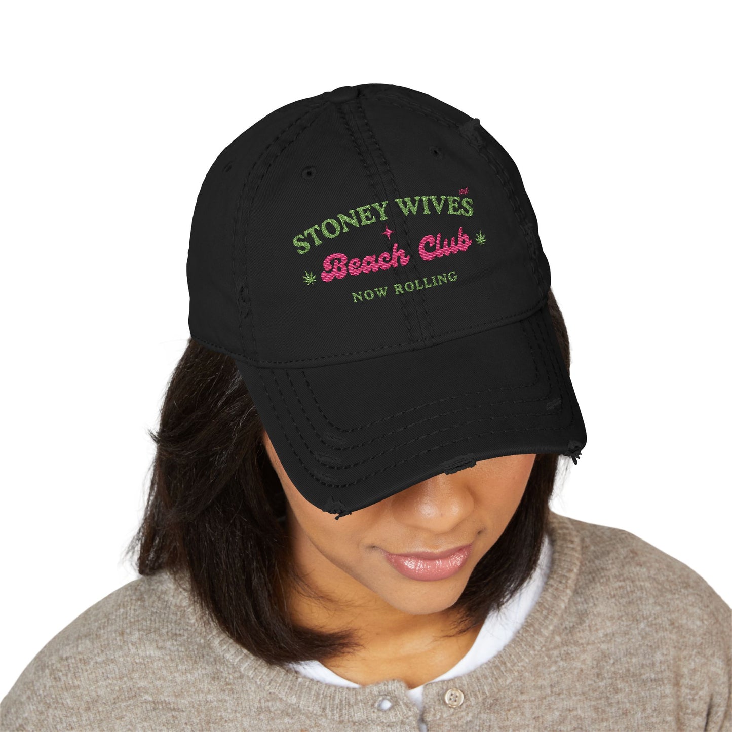 "SLOSW" Stoney Wives Beach Club Distressed Dad Hat | Embroidered Distressed Baseball Cap | The Secret Lives of Stoney Wives Podcast Merch